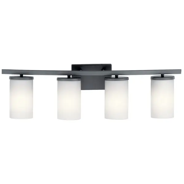 The Crosby vanity light combines modern aesthetics with practical features. Its 31-inch width makes it ideal for double vanities, while the satin etched opal glass provides soft, even illumination. Dimmable and damp-rated for bathroom use. - alternate view