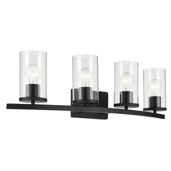 The Crosby Vanity Light combines industrial-inspired design with transitional appeal. Its 31.25-inch width makes it ideal for double vanities, while clear glass shades and dimmable capability offer customizable lighting.