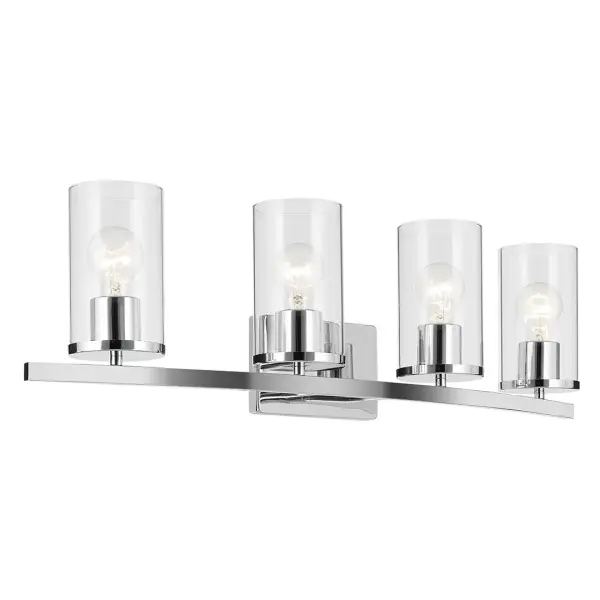 The Crosby vanity light combines timeless chrome finish with clear glass shades, offering bright, even illumination across 31 inches. Dimmable and damp-rated for bathroom use, it's ideal for medium to large vanities.