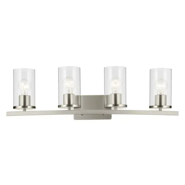 The Crosby vanity light combines brushed nickel finish with clear glass shades for a timeless look. At 31.25" wide, it's ideal for double vanities. Dimmable and damp-rated for bathroom use with flexible up or down mounting. - alternate view