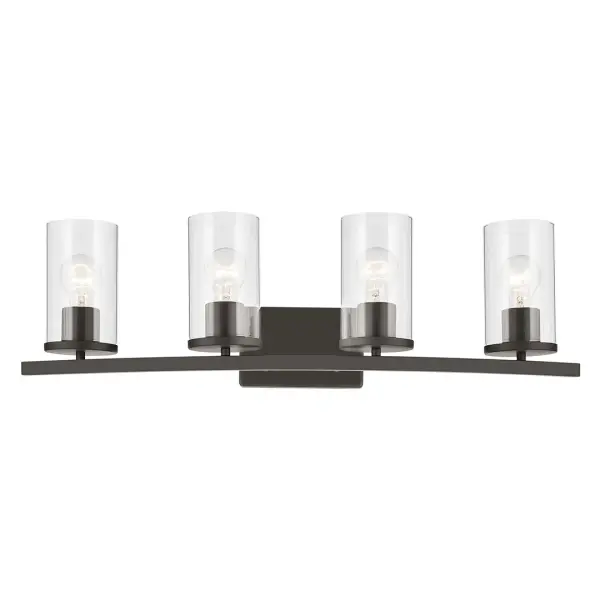 The Crosby vanity light combines traditional styling with practical illumination. Its 31.25-inch width makes it ideal for double vanities, while the clear glass shades and Olde Bronze finish add warmth and elegance to any bathroom. - alternate view