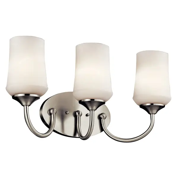 The Aubrey 3-Light Vanity Light combines timeless design with practical functionality. Its brushed nickel finish and satin etched opal glass shades provide soft, even illumination perfect for bathroom tasks.