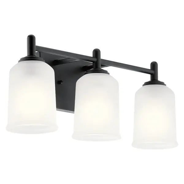 The Shailene vanity light combines transitional styling with practical features. Its 21-inch width accommodates medium vanities, while clear satin etched glass provides even illumination. Dimmable and damp-rated for bathroom use. - alternate view