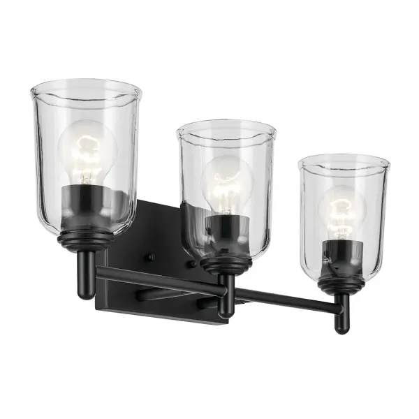 The Shailene vanity light combines transitional styling with practical functionality. Its 21-inch width accommodates most standard vanities, while clear glass shades and dimmable capability offer lighting flexibility.