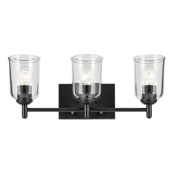 The Shailene vanity light combines transitional styling with practical functionality. Its 21-inch width accommodates most standard vanities, while clear glass shades and dimmable capability offer lighting flexibility. - alternate view