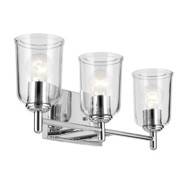 The Shailene 3-Light Vanity Light combines classic chrome finish with clear glass shades for a timeless bathroom lighting solution. Its 21-inch width makes it ideal for standard vanities, while dimmable functionality and damp rating ensure practical performance.