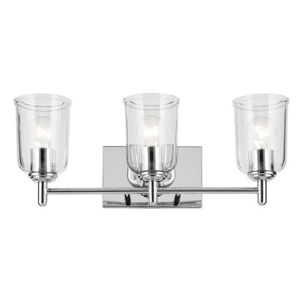 The Shailene 3-Light Vanity Light combines classic chrome finish with clear glass shades for a timeless bathroom lighting solution. Its 21-inch width makes it ideal for standard vanities, while dimmable functionality and damp rating ensure practical performance. - alternate view