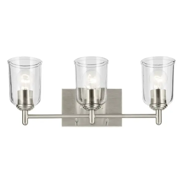 The Shailene vanity light combines brushed nickel finish with clear glass shades for a timeless look. Its 21-inch width makes it ideal for standard bathroom vanities, while dimmable functionality and damp rating ensure practical performance. - alternate view