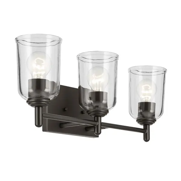 The Shailene 3-Light Vanity Light combines timeless Olde Bronze finish with clear glass shades for a versatile bathroom lighting solution. Its 21-inch width makes it ideal for standard vanities, while dimmable functionality and damp rating ensure practical performance.