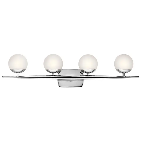 The Jasper vanity light brings timeless Mid-Century style to modern bathrooms with four globe shades and a sleek tapered chrome bar. Perfect for master baths and powder rooms needing substantial lighting coverage.