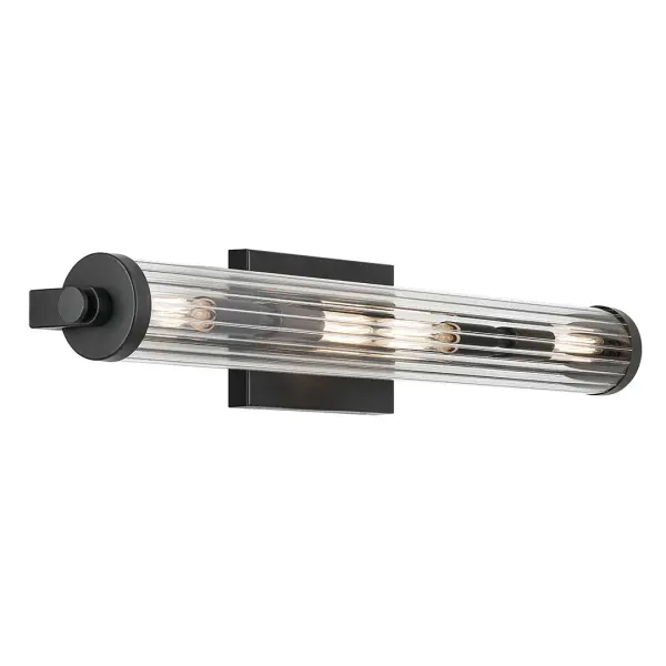 The Azores vanity light combines transitional styling with modern functionality. Its 25-inch width and clear fluted glass shades provide excellent illumination for medium to large vanities while adding sophisticated detail.