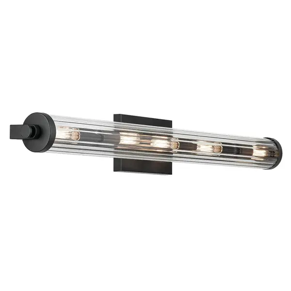 The Azores vanity light combines classic fluted glass shades with a sleek black finish, creating a sophisticated lighting solution perfect for modern and traditional bathrooms alike. Its 32-inch width provides ample illumination.