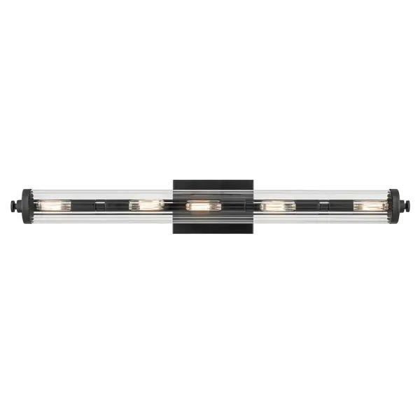 The Azores vanity light combines classic fluted glass shades with a sleek black finish, creating a sophisticated lighting solution perfect for modern and traditional bathrooms alike. Its 32-inch width provides ample illumination. - alternate view