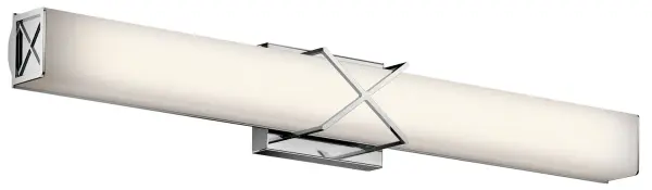 The Trinsic LED bath light combines modern aesthetics with practical illumination. Its 32-inch span and integrated LED technology deliver bright, energy-efficient lighting ideal for medium to large vanities. The polished chrome finish and geometric criss-cross detail add visual interest while maintaining a clean, contemporary look.