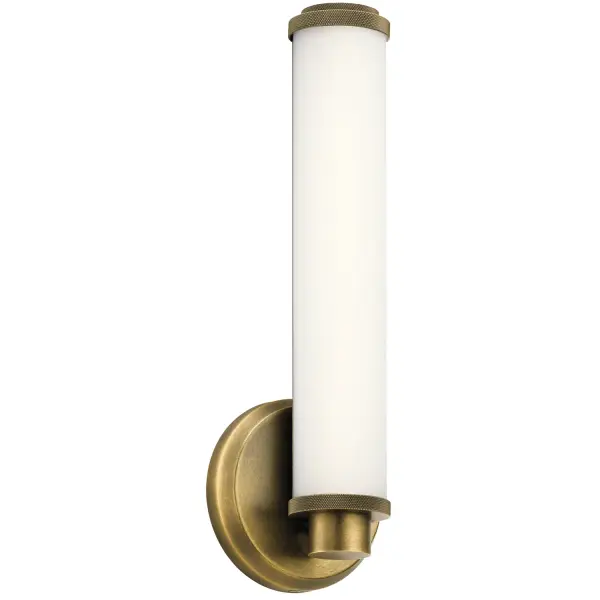 The Indeco vanity light combines classic brass warmth with modern LED efficiency. Its diamond knurl pattern adds sophisticated texture, while the satin etched glass provides soft, even illumination perfect for grooming tasks.