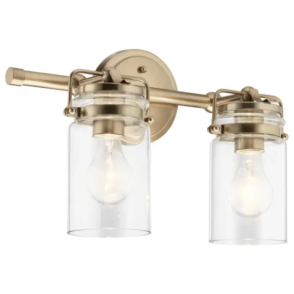 The Brinley 2-Light Vanity Light combines classic elegance with contemporary styling. Its champagne bronze finish and clear glass shades provide excellent task lighting while adding sophisticated warmth to any bathroom.