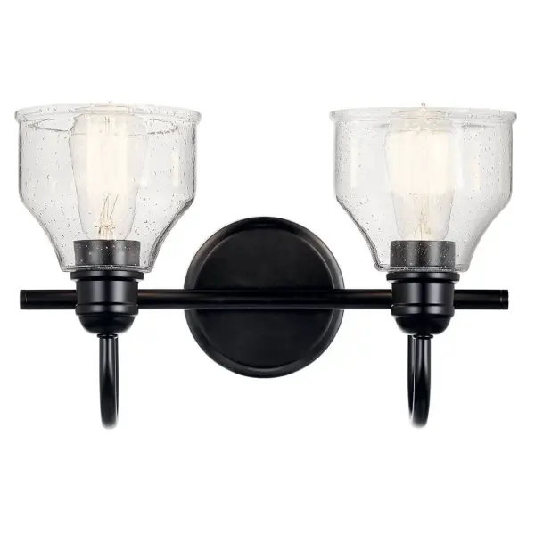 The Avery 2-Light Vanity Light combines rustic farmhouse charm with industrial edge. Its black finish and clear seeded glass shades create visual interest while providing ample illumination for bathroom tasks. - alternate view