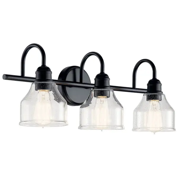 The Avery 3-Light Vanity Light combines rustic farmhouse appeal with industrial edge through its black finish and clear seeded glass shades. At 24 inches wide, it's perfectly sized for medium vanities and offers flexible installation options with up or down mounting capability.