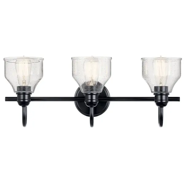 The Avery 3-Light Vanity Light combines rustic farmhouse appeal with industrial edge through its black finish and clear seeded glass shades. At 24 inches wide, it's perfectly sized for medium vanities and offers flexible installation options with up or down mounting capability. - alternate view