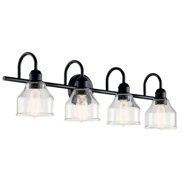 The Avery vanity light combines rustic farmhouse style with industrial elements, featuring four clear seeded glass shades and a black finish. At 33.5 inches wide, it's ideal for double vanities and larger bathrooms.