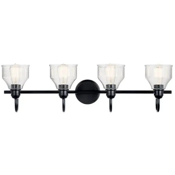 The Avery vanity light combines rustic farmhouse style with industrial elements, featuring four clear seeded glass shades and a black finish. At 33.5 inches wide, it's ideal for double vanities and larger bathrooms. - alternate view