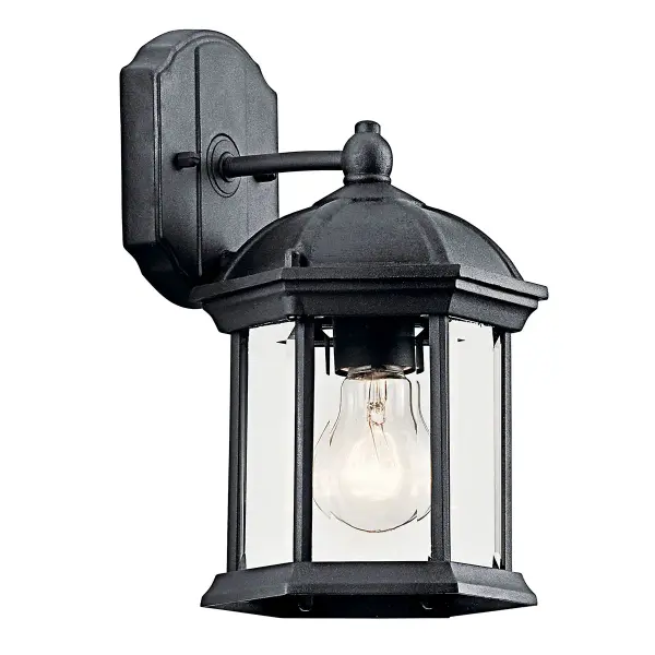 The Barrie outdoor wall light combines traditional styling with practical functionality. Its clear beveled glass and black finish create a versatile look that complements various architectural styles.