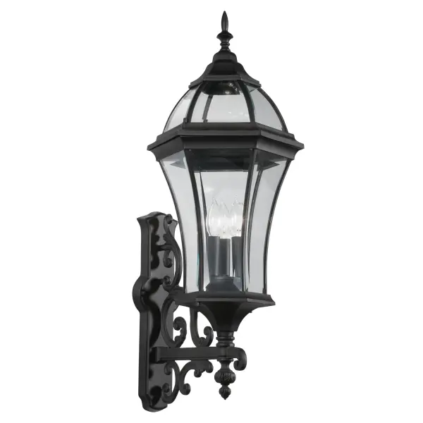 This tall outdoor wall sconce brings timeless sophistication to exterior spaces with its intricate traditional detailing and clear beveled glass. The substantial 31-inch height makes a bold architectural statement.