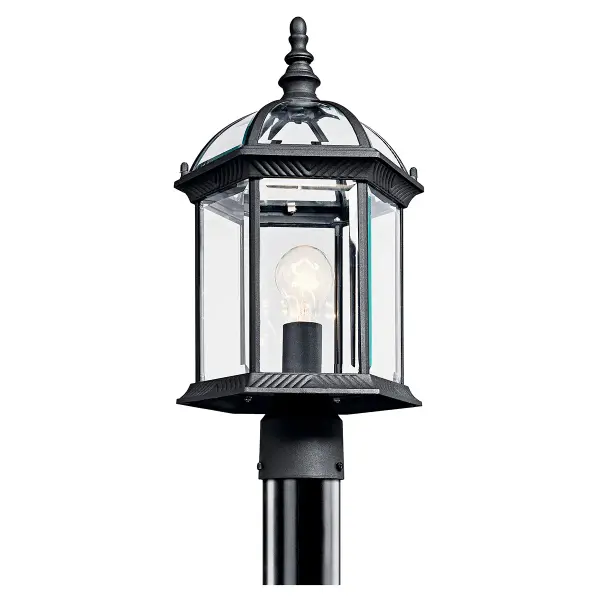 The Barrie Outdoor Post Light combines traditional styling with modern durability. Featuring clear beveled glass and a weather-resistant black finish, this fixture provides reliable illumination for pathways and entryways.