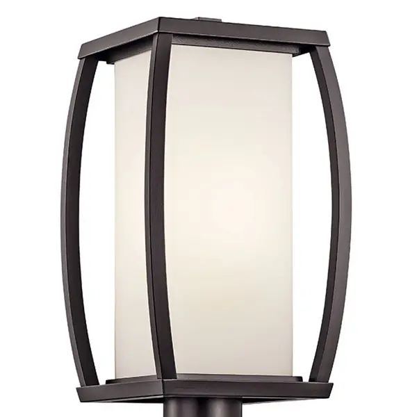 The Bowen Outdoor Post Light combines traditional craftsmanship with modern durability. Its architectural bronze finish and satin etched glass create warm, welcoming illumination for outdoor spaces. - alternate view