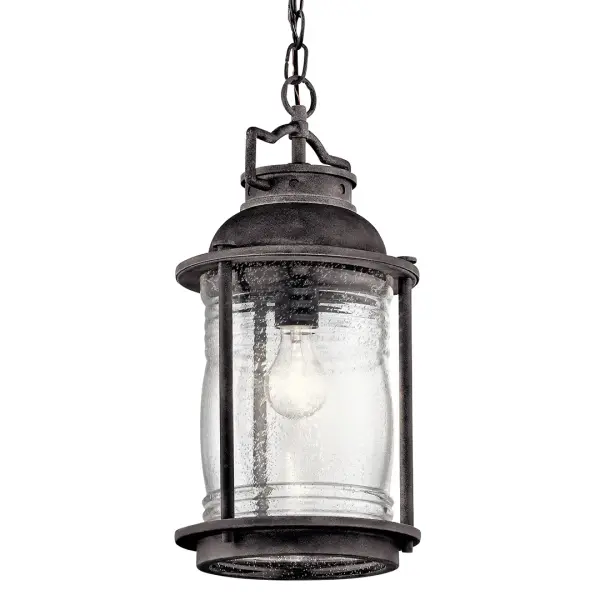 The Ashland Bay brings weathered coastal elegance to covered outdoor areas with its zinc finish and seeded glass. At 8.75" wide, it's perfectly scaled for entryways and porches, offering dimmable lighting with damp-rated reliability. - alternate view
