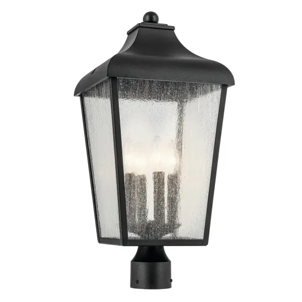The Forestdale post mount combines vintage appeal with modern durability. Its water glass creates a beautiful diffused glow while the textured black finish adds curb appeal to any outdoor space.