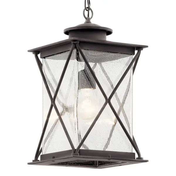 The Argyle outdoor pendant brings weathered industrial style to porches and patios with its seeded glass shade and zinc finish. Compact at 9.5" wide, it's perfect for smaller covered outdoor areas needing character lighting. - alternate view