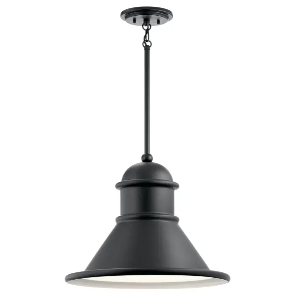 The Northland pendant delivers industrial charm with practical outdoor performance. Its white inner finish maximizes light output while the matte black exterior adds bold contrast. Damp-rated for covered outdoor spaces.