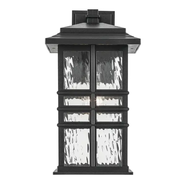 The Beacon Square combines timeless design with modern durability. Its textured black finish and clear hammered glass create visual interest while the wet-rated construction ensures reliable performance in any weather. - alternate view