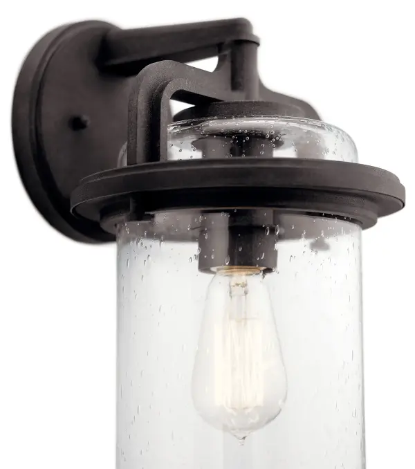 The Andover outdoor wall light combines rustic weathered zinc finish with clear seeded glass for authentic farmhouse appeal. Wet-rated for all weather conditions and dimmable for ambiance control. - alternate view