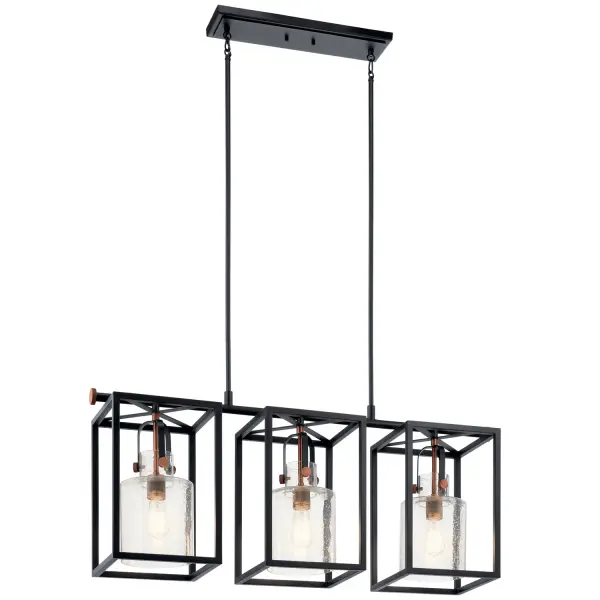 The Kitner brings updated industrial style with its generous 42-inch length and distinctive mixed-finish details. Clear seeded glass shades soften the bold black frame, while contrasting metal accents add visual interest.