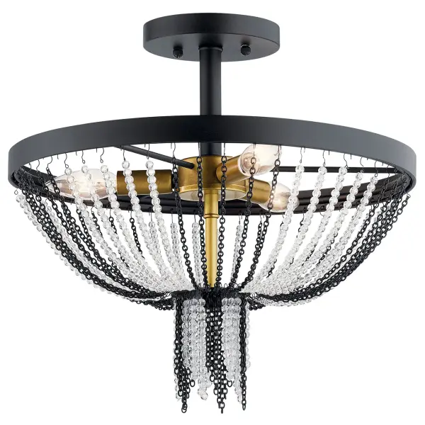 The Alexia combines textured black and natural brass finishes in a 16-inch semi-flush design. With 3 dimmable lights and 15-inch drop, it bridges traditional and contemporary styles for medium-sized spaces.