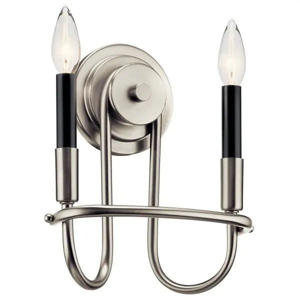 The Capitol Hill 2-Light Wall Sconce combines classic design with modern functionality. Its brushed nickel finish and black shades create sophisticated contrast, while dimmable capability and damp rating make it ideal for bathrooms and hallways.