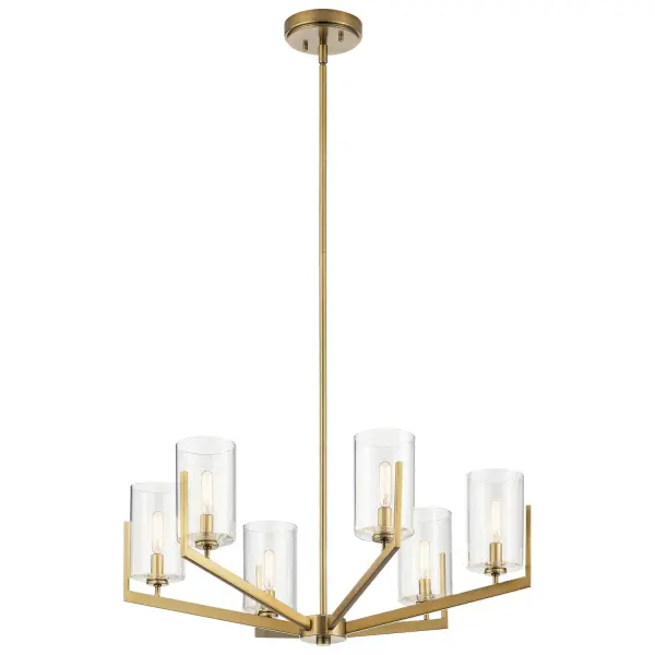 The Nye chandelier brings authentic mid-century modern style with its linear silhouette and brushed natural brass finish. Six clear glass shades provide ample illumination while the warm metallic tone adds sophistication to any space.