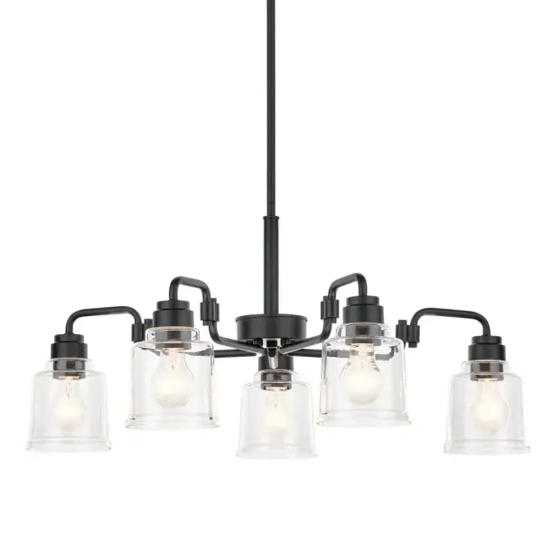 The Aivian 5-Light Chandelier makes a striking statement with its generous 30-inch diameter and clean contemporary lines. Clear glass shades paired with a bold black finish create visual impact while maintaining versatility across modern and transitional interiors.