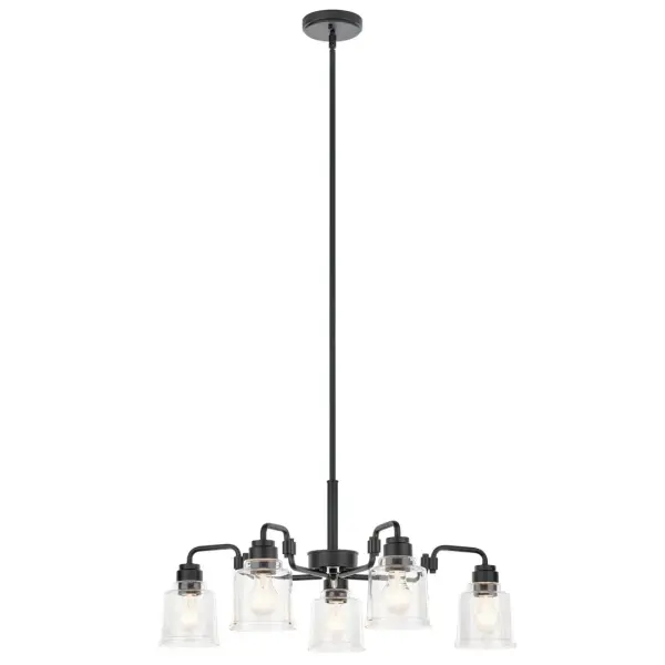 The Aivian 5-Light Chandelier makes a striking statement with its generous 30-inch diameter and clean contemporary lines. Clear glass shades paired with a bold black finish create visual impact while maintaining versatility across modern and transitional interiors. - alternate view