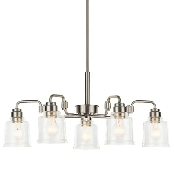The Aivian Chandelier combines transitional elegance with contemporary clean lines. Its 30-inch diameter and clear glass shades create a striking focal point while the brushed nickel finish adds refined sophistication to any space.