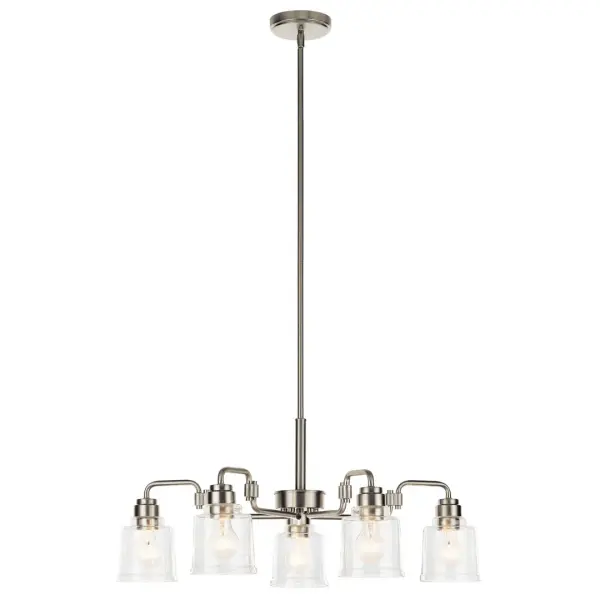 The Aivian Chandelier combines transitional elegance with contemporary clean lines. Its 30-inch diameter and clear glass shades create a striking focal point while the brushed nickel finish adds refined sophistication to any space. - alternate view