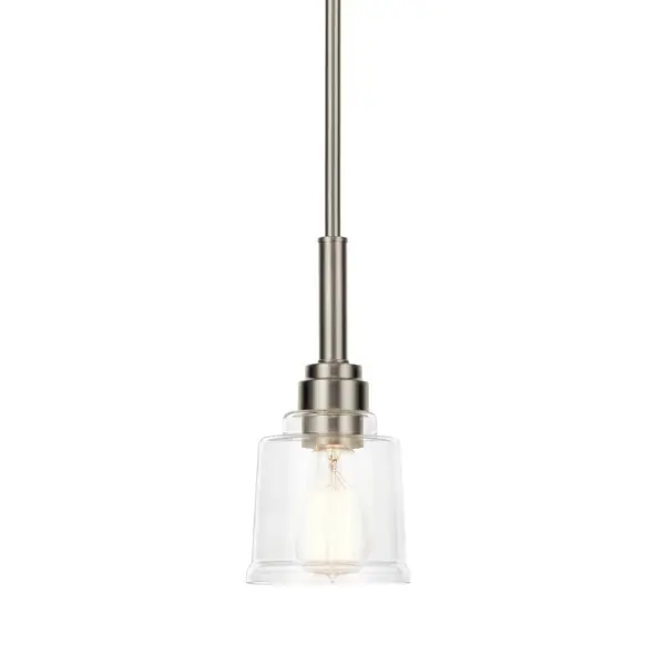 The Aivian Mini Pendant combines brushed nickel finish with clear glass for a versatile, contemporary look. At just 5.25 inches wide, it's ideal for smaller spaces or clustered installations over islands and bars.
