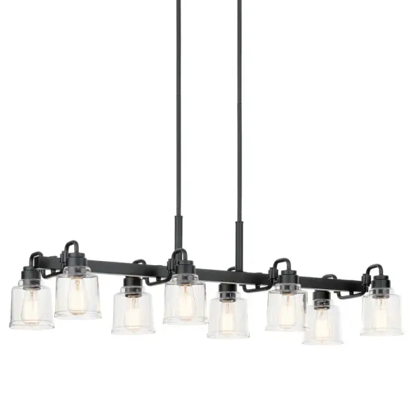 The Aivian 8-light linear chandelier combines contemporary design with industrial elements, featuring clear glass shades and a sleek black finish. Its 42-inch length makes it perfect for dining tables and kitchen islands.
