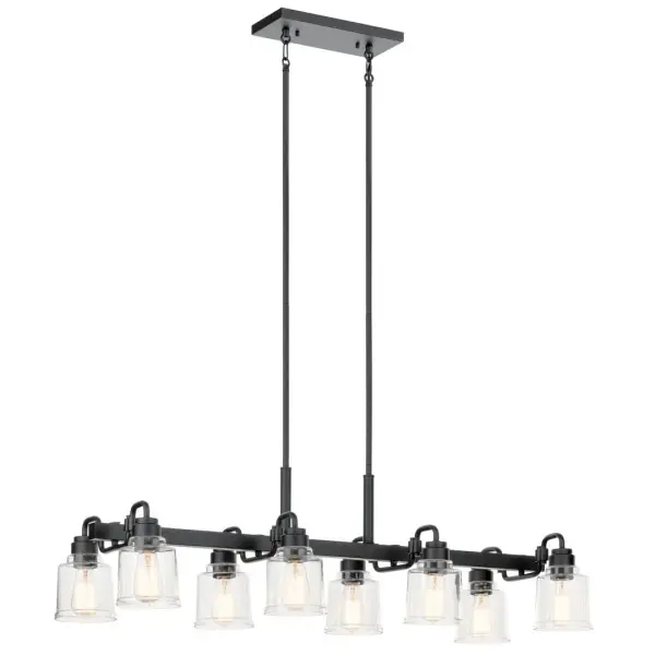 The Aivian 8-light linear chandelier combines contemporary design with industrial elements, featuring clear glass shades and a sleek black finish. Its 42-inch length makes it perfect for dining tables and kitchen islands. - alternate view