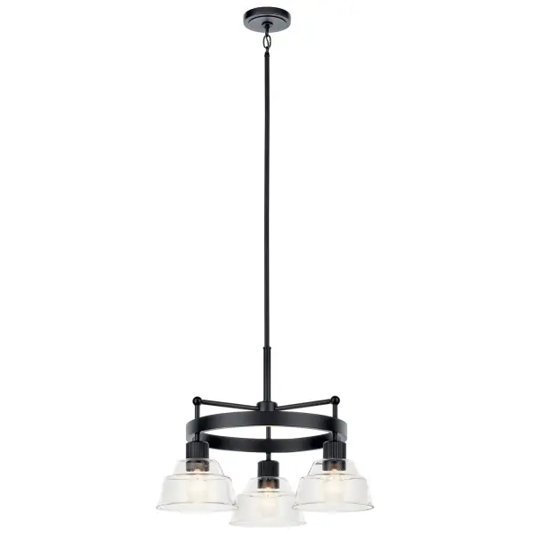 The Eastmont chandelier combines a distinctive walnut wood wagon wheel design with black steel arms and clear glass shades. Its compact 23-inch width makes it perfect for smaller dining spaces while delivering sophisticated style.