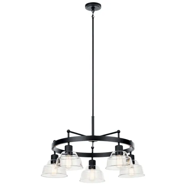The Eastmont chandelier combines rustic charm with refined elegance through its walnut wood wagon wheel frame and polished nickel arms. Clear glass double-tiered shades add visual interest while the black finish grounds the design.