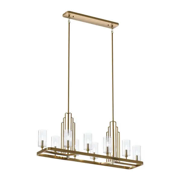 The Kimrose linear chandelier delivers stunning Art Deco geometry in a warm brass finish. Its 10-light configuration and 44.75-inch length make it perfect for dining tables and kitchen islands, while fluted glass shades add vintage charm.