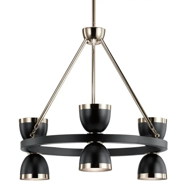The Baland Chandelier combines contemporary design with industrial flair through its unique metal hourglass shades. Energy-efficient integrated LED technology and dimmable functionality make it both stylish and practical.